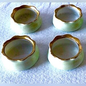 Vintage SET of 4 SALT CELLARS TRINKET DISH CZECHOSLOVAKIA Green Gold Scallop
